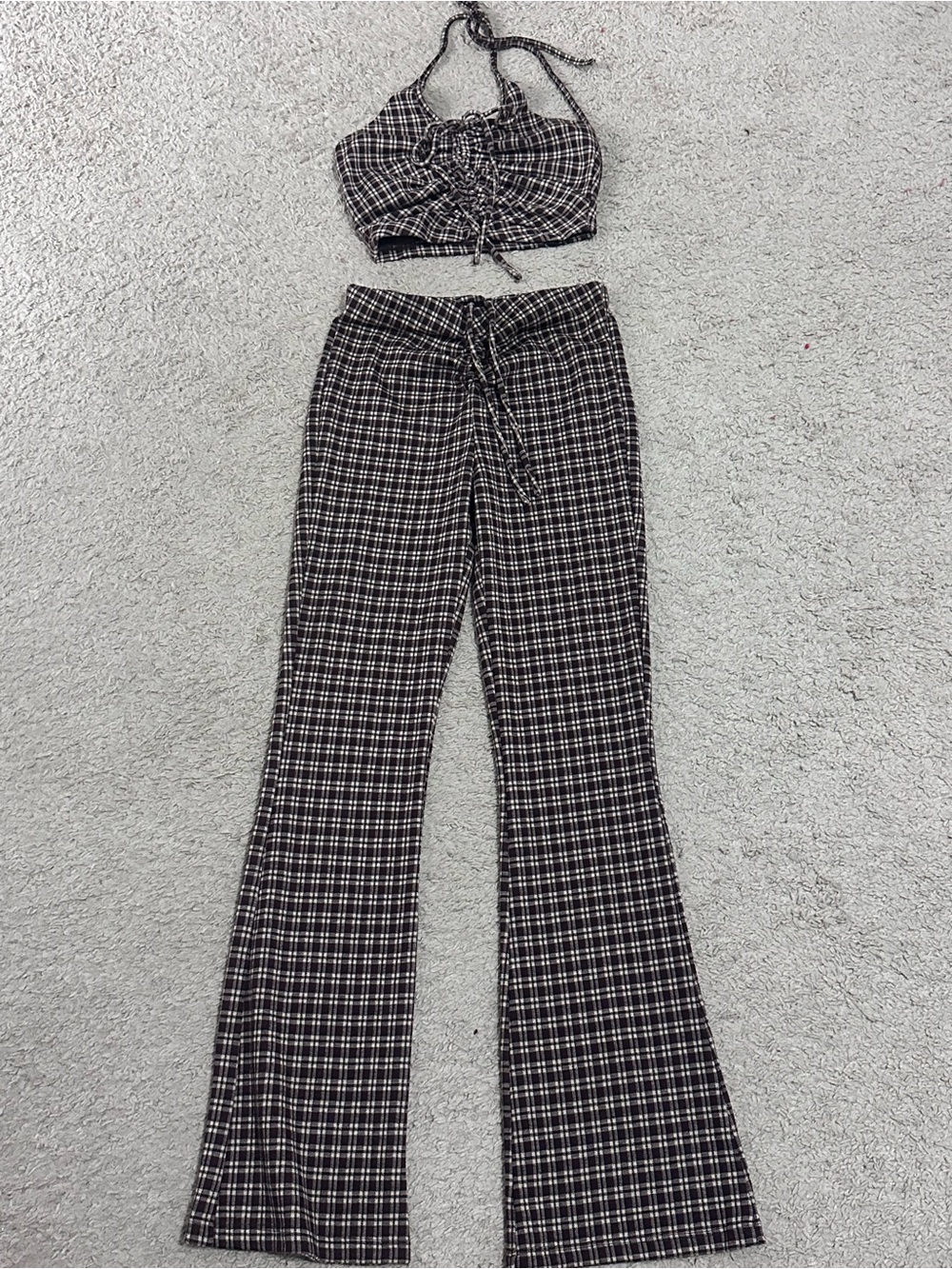 Princess Polly brown plaid halter crop pant set sz 2
